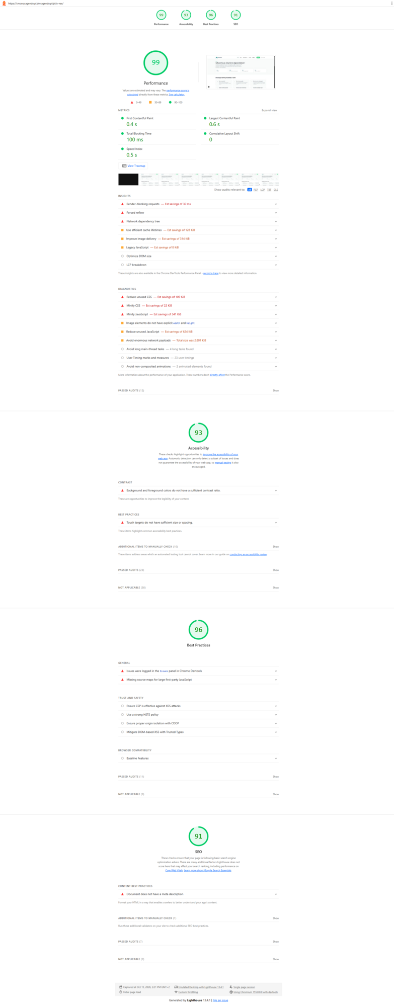 Wynik z PageSpeed Insights dla wdrożonego serwisu. Podajemy adres badanej strony, żeby dało się go sprawdzić samodzielnie.